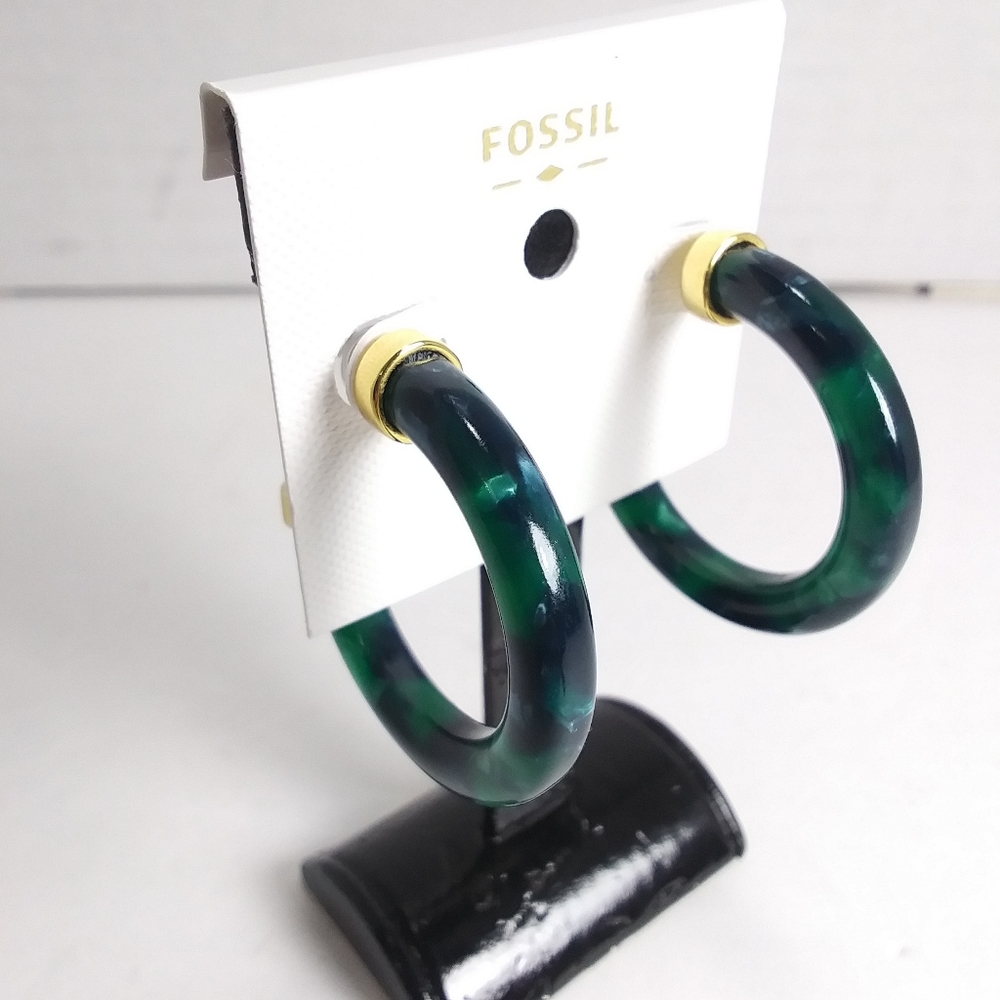 FOSSIL Green "Marble" Post Hoops w/ Gold Accents NWT